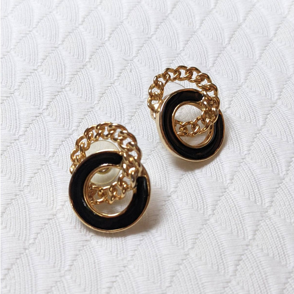Vintage 80's Gold Tone & Black Post Earrings, Interlocking Circles, Avant Garde - Picture 1 of 7
